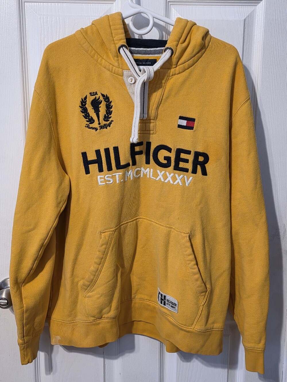 Tommy Hilfiger EST. MCMLXXXV 1985 Vintage Collegiate Style Yellow Hoodie XL